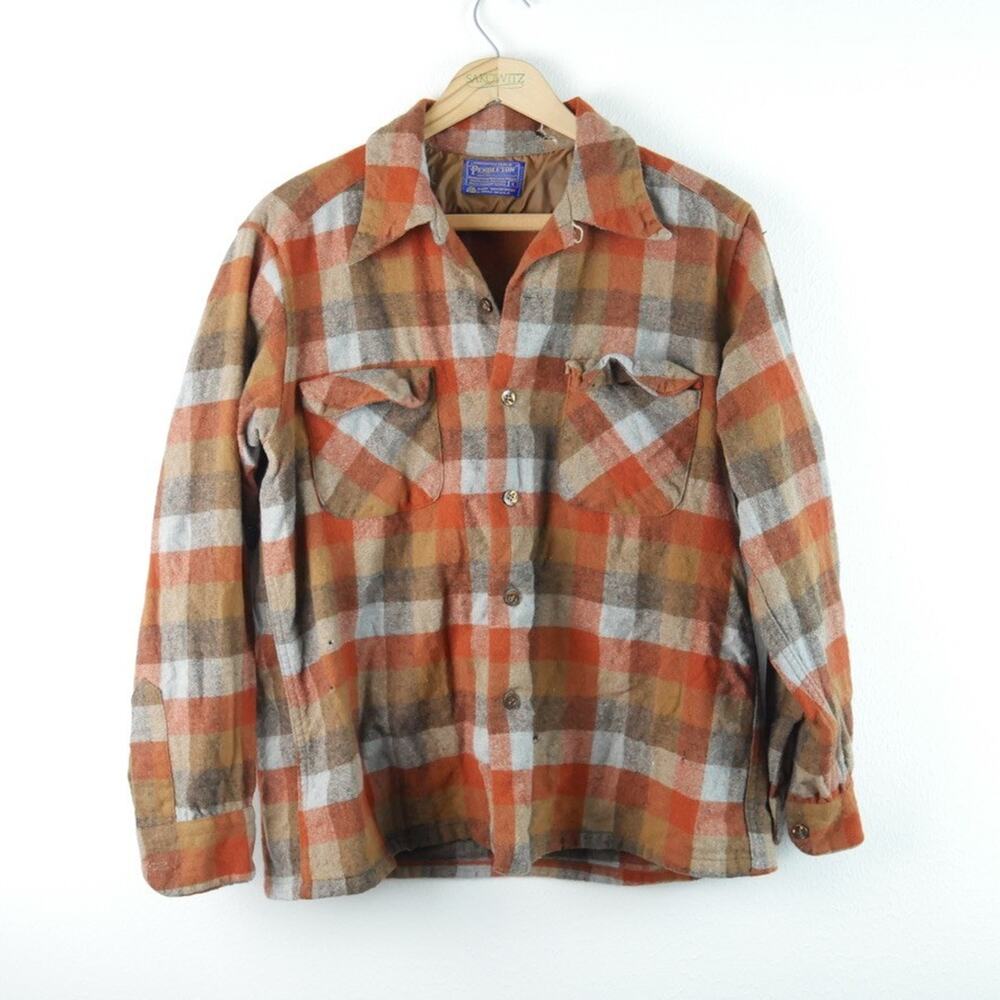 Vintage Pendleton Board Shirt Loop Collar Wool USA made HOLES Plaid Button Large